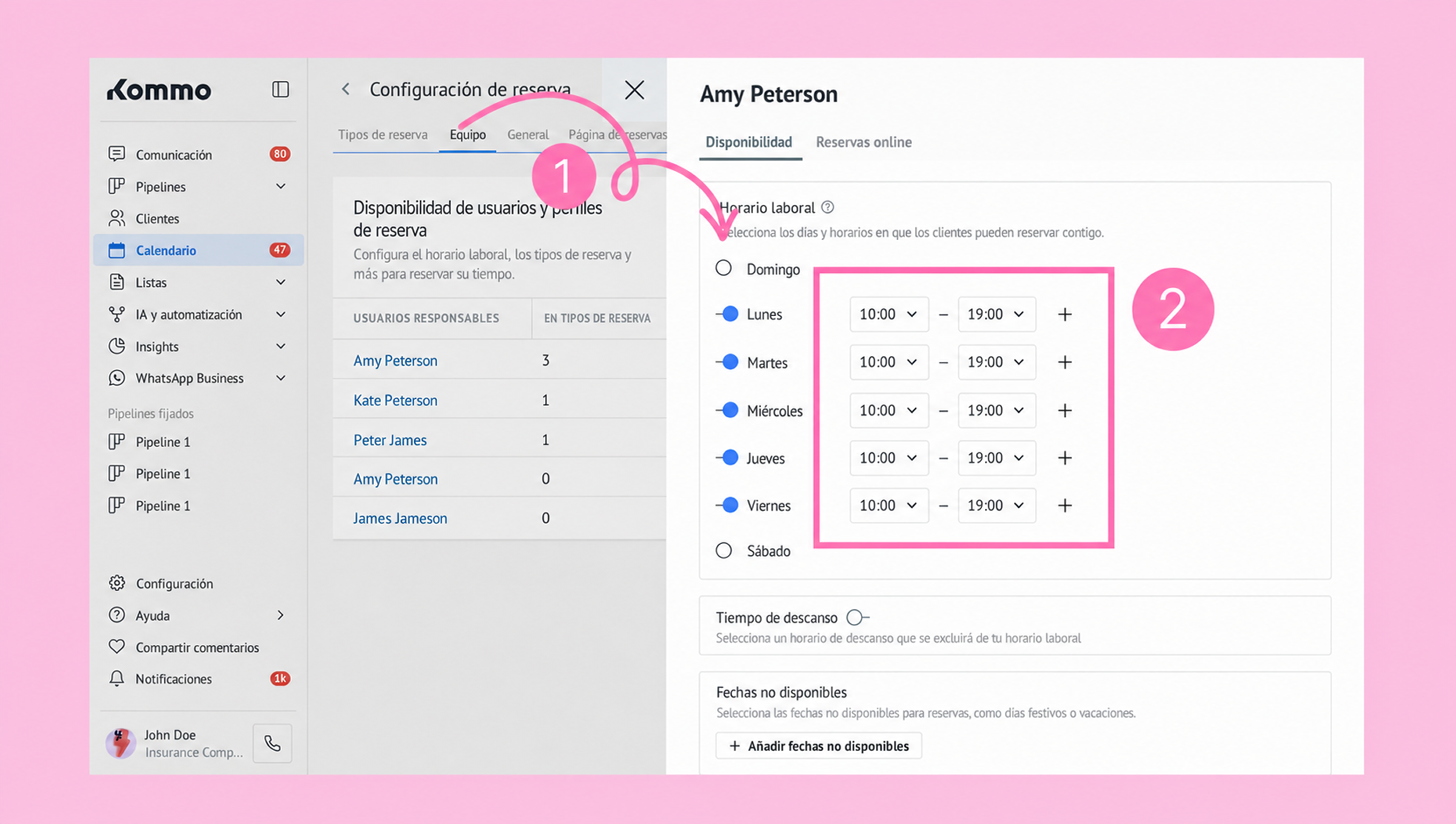 User availability settings for Amy Peterson, including work hours for each weekday.